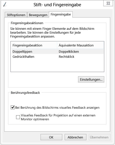 Einstellungen für Stift- und Fingereingabe
