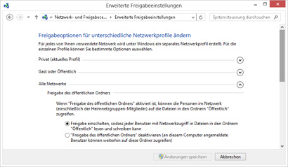 Freigabeoptionen für alle Netzwerke