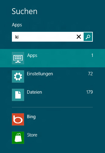 Suchergebnisse für Apps, Einstellungen und Dateien