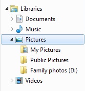 The navigation pane in File Explorer, showing the Pictures library with an extra folder added to it