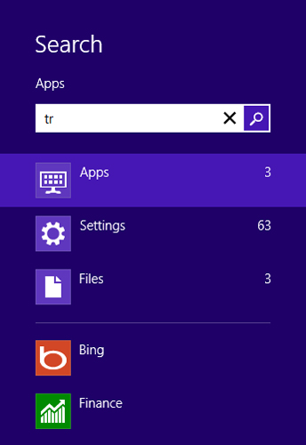 Search results for apps, settings, and files