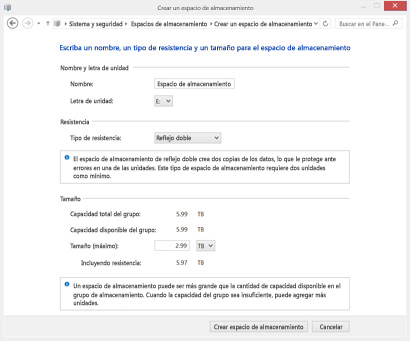 Elegir la configuración para el nuevo espacio de almacenamiento