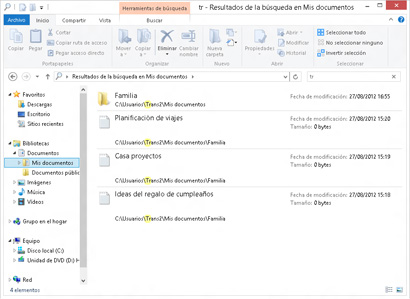 Resultados de la búsqueda en el Explorador de archivos