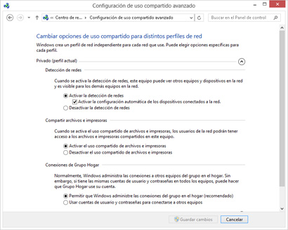Opciones de uso compartido para el perfil actual