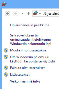 Windowsin palomuurin vasemmanpuoleinen ruutu