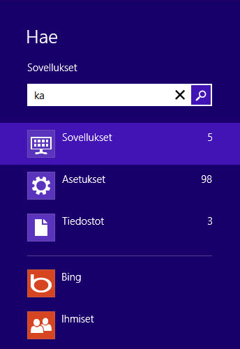 Sovellusten, asetusten ja tiedostojen haun tulokset