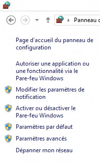 Volet gauche du Pare-feu Windows