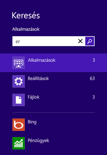 Alkalmazások, beállítások és fájlok keresési eredményei