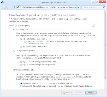 Az aktuális profil megosztási beállításai