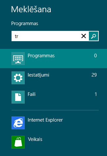 Lietojumprogrammu, iestatījumu un failu meklēšanas rezultāti