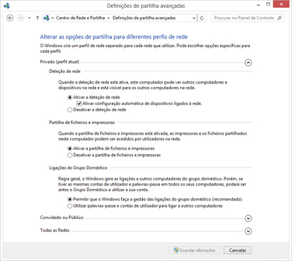 Opções de partilha para o perfil atual