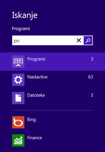 Rezultati iskanja za programe, nastavitve in datoteke