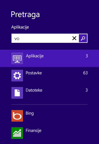 Pretraga rezultata za aplikacije, postavke i datoteke