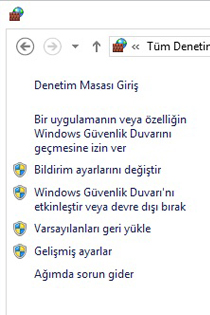 Windows Güvenlik Duvarı'nın sol bölmesi